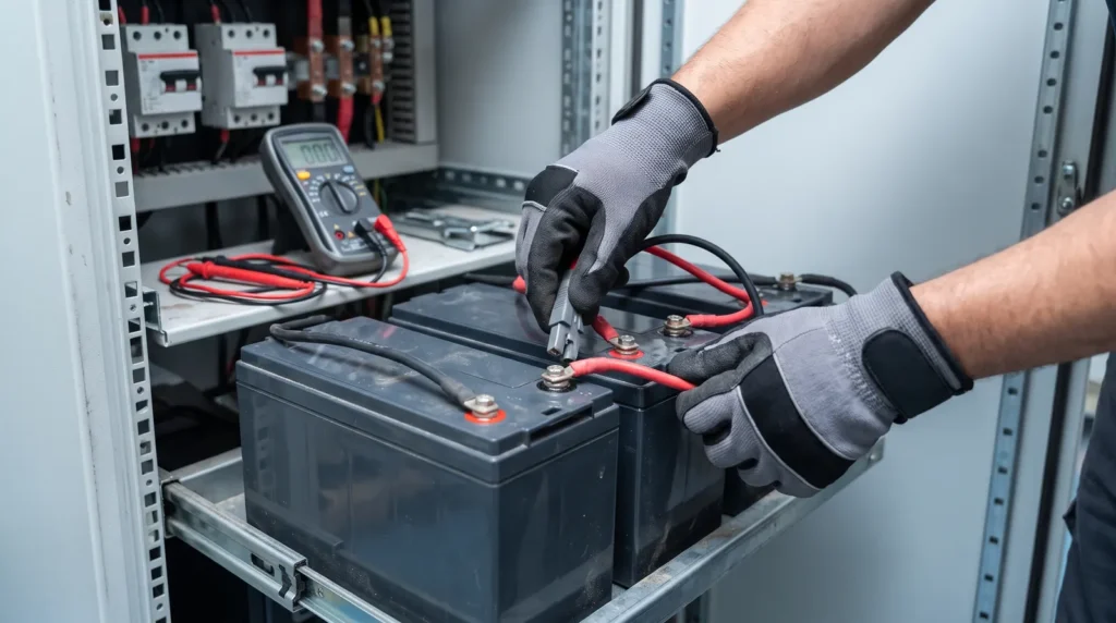 UPS y protección eléctrica 1 Cambio de baterías en el gabinete de una UPS industrial