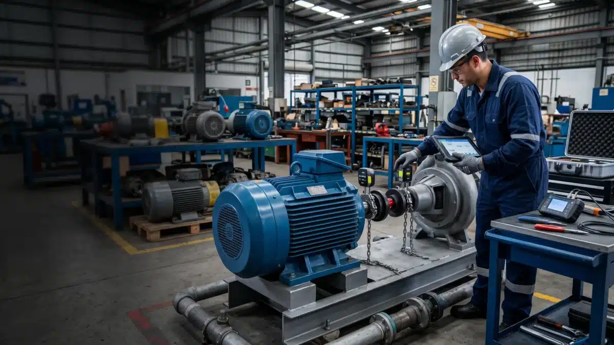 RETIQ para motores eléctricos: qué cambia con la Resolución 40285 de 2026 2 Técnico haciendo alineación láser entre motor eléctrico y bomba