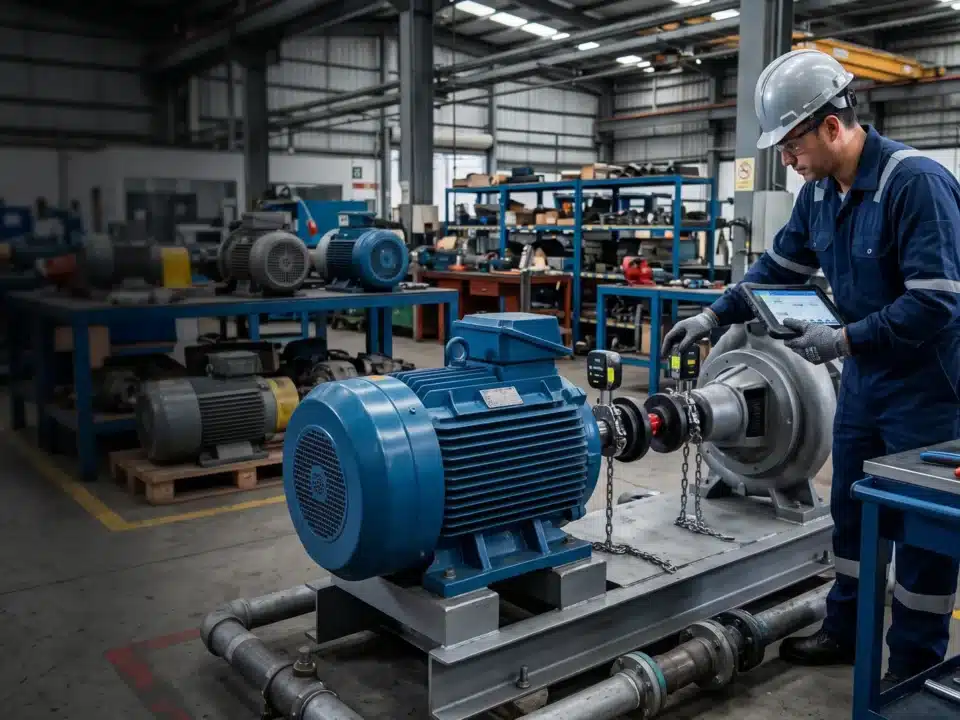 Técnico haciendo alineación láser entre motor eléctrico y bomba