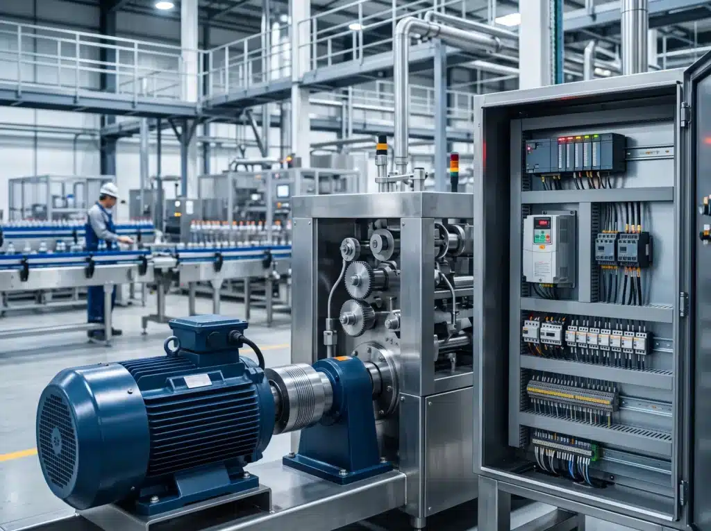 Máquina automatizada con motor eléctrico y tablero con PLC y variador