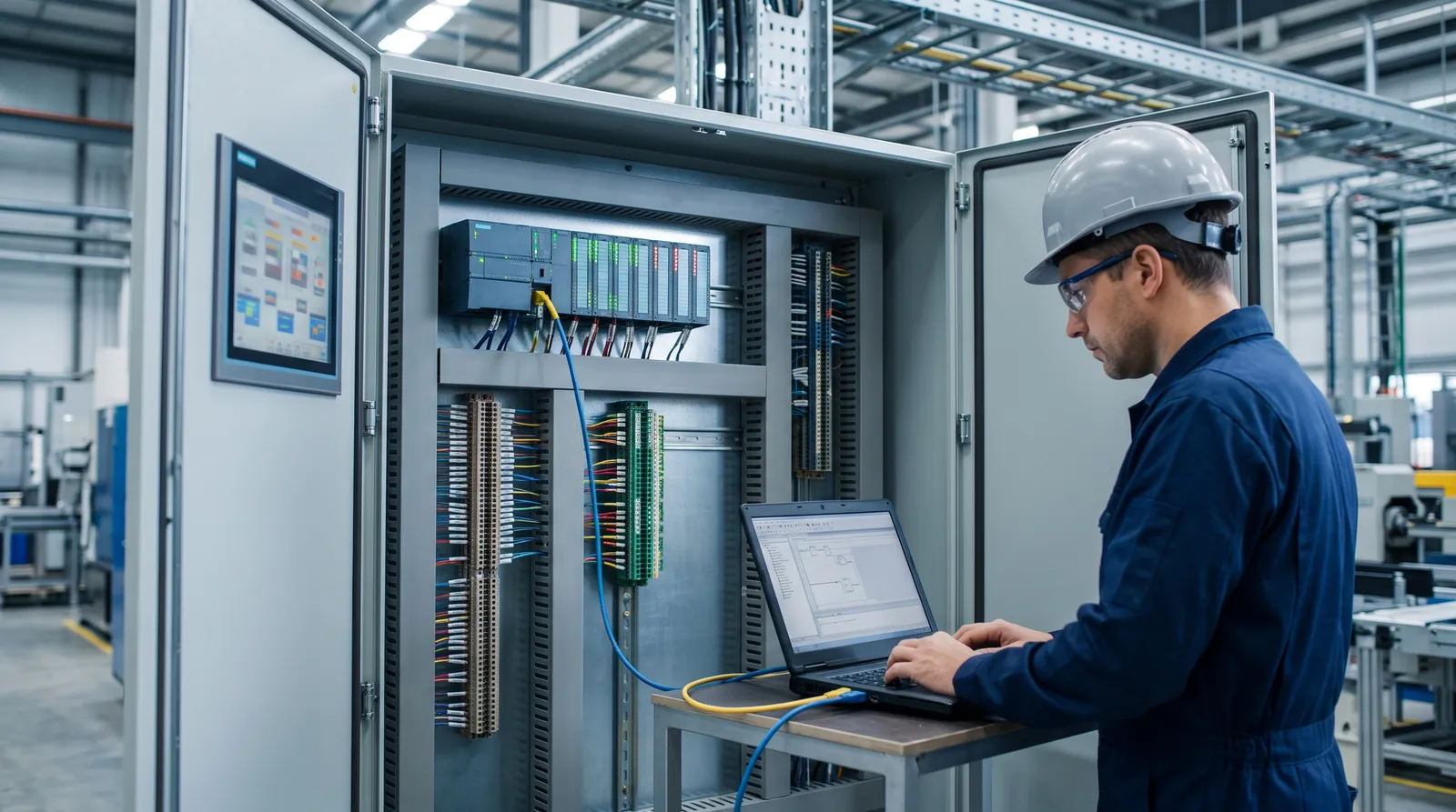 PLC o relé programable: cómo elegir el controlador correcto 3 Ingeniero programando un PLC o relé programable en un tablero de control