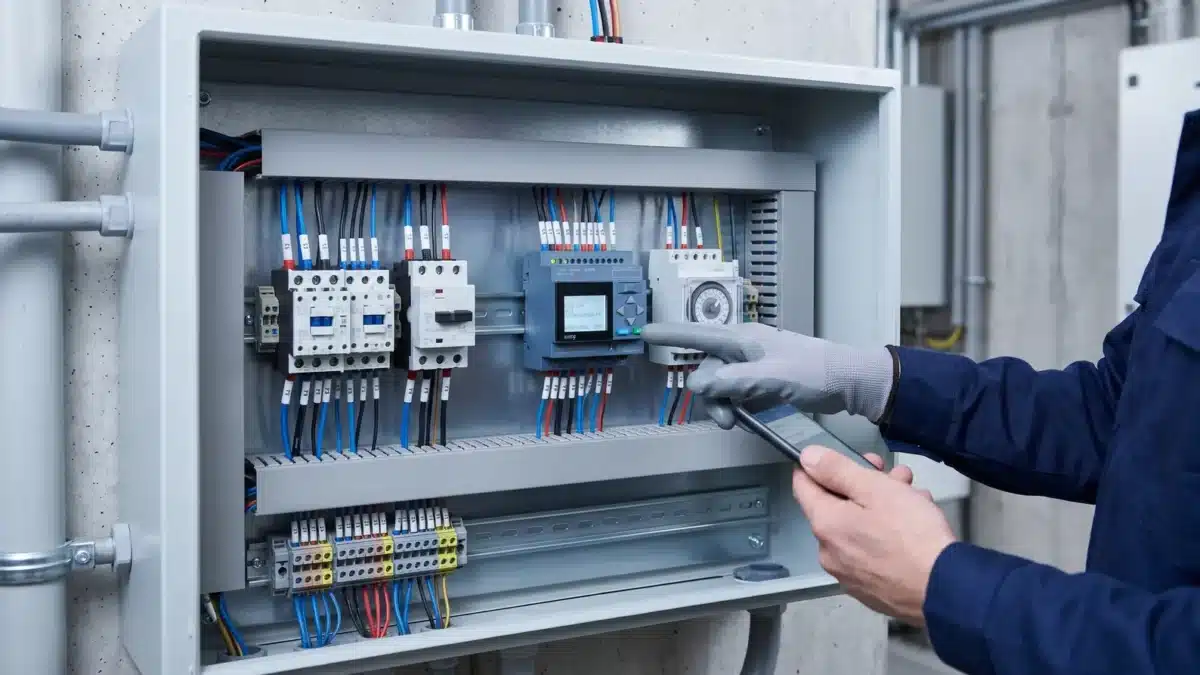 PLC o relé programable: cómo elegir el controlador correcto 2 Técnico revisando relé programable en tablero de control
