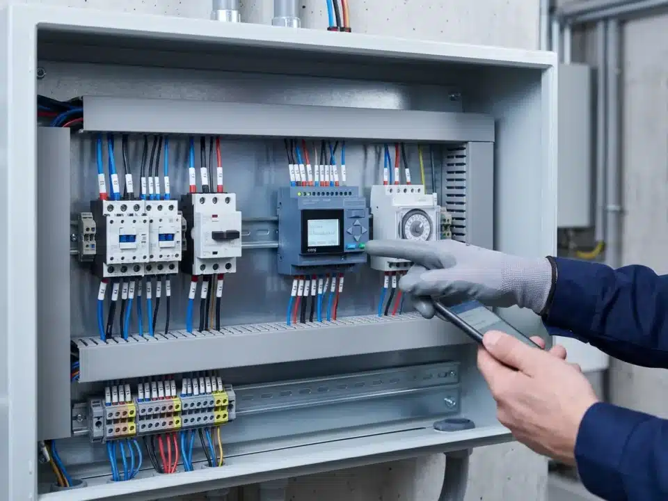 Técnico revisando relé programable en tablero de control